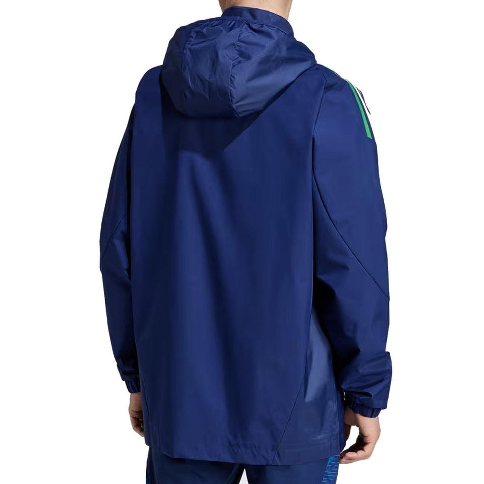 Back view of Adidas Italy 2024 rain jacket navy hooded lightweight waterproof soccer tracksuit jacket