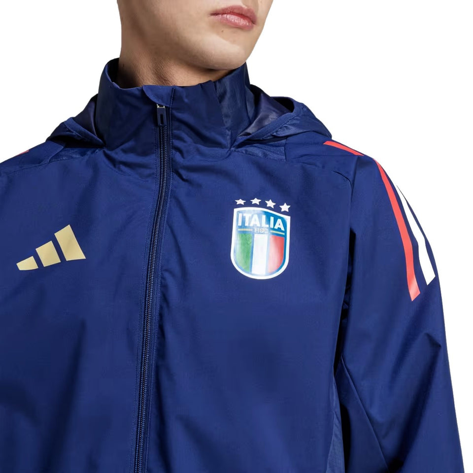 Adidas Italy 2024 rain jacket navy hooded Italy crest and gold logo on navy tracksuit jacket