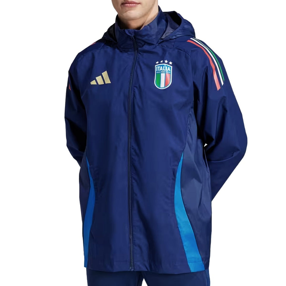 Adidas Italy 2024 rain jacket navy on male model with hood full zip Italy crest and blue side panels