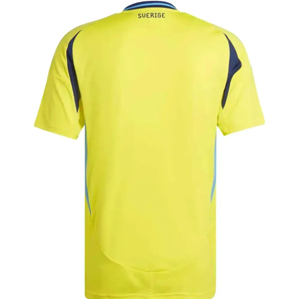 Back view of Adidas Sweden soccer jersey 2024 25 in yellow with navy trim and Sverige collar branding