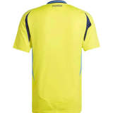 Back view of Adidas Sweden soccer jersey 2024 25 in yellow with navy trim and Sverige collar branding