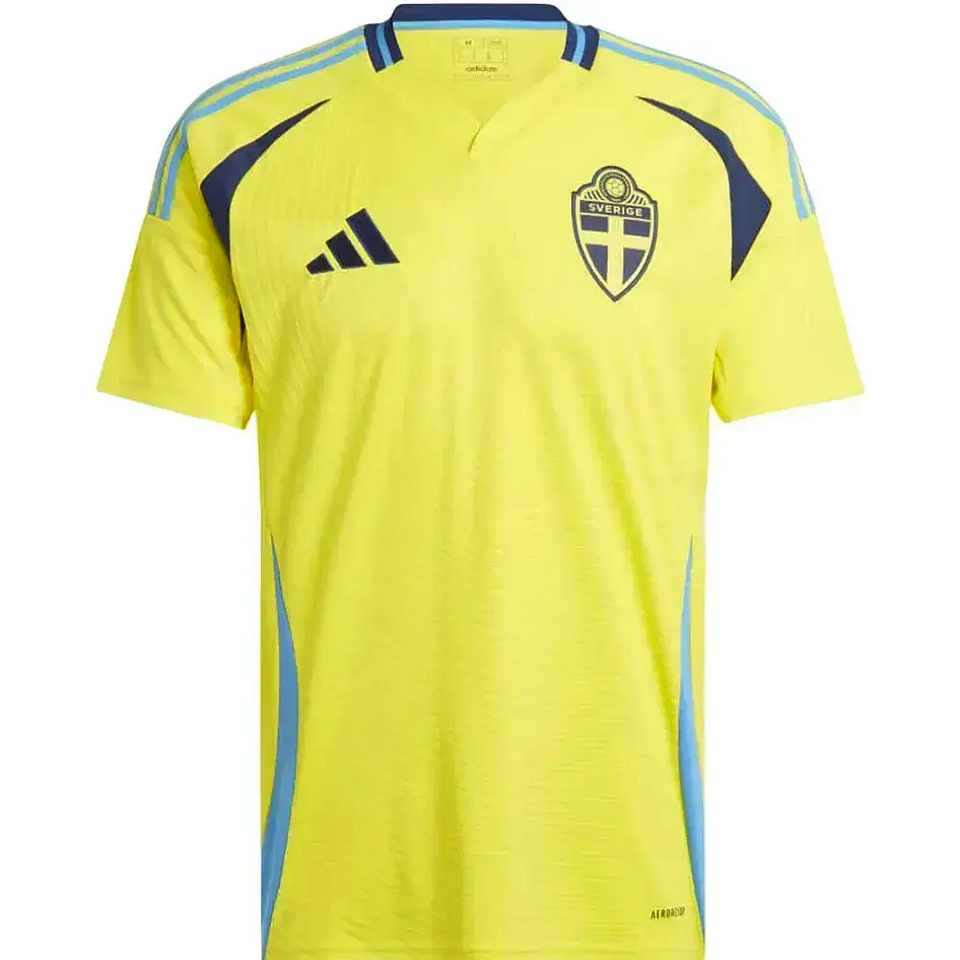 Adidas Sweden soccer jersey 2024 25 bright yellow short sleeve home kit with blue trim and Adidas logo