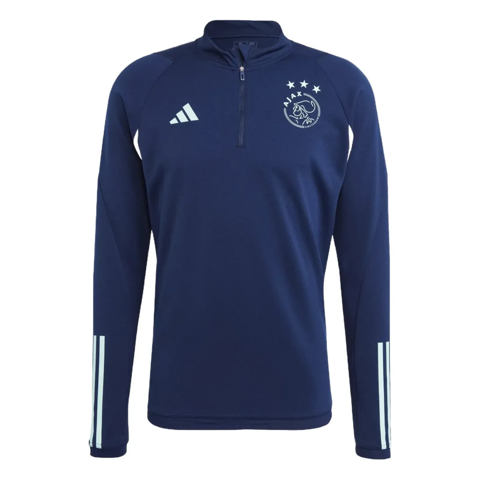 Ajax training tracksuit Adidas 2023 24 featuring a navy top with quarter zipper and team logo