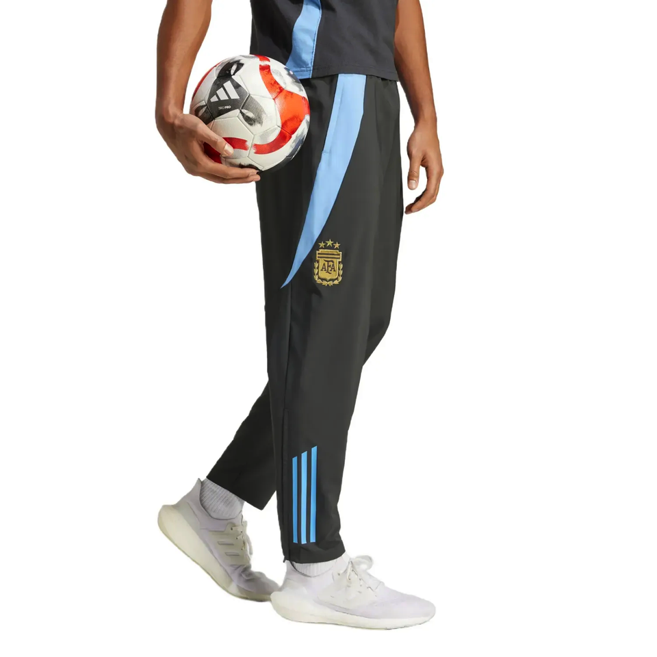 Argentina Adidas presentation tracksuit featuring black pants and blue accents for soccer fans