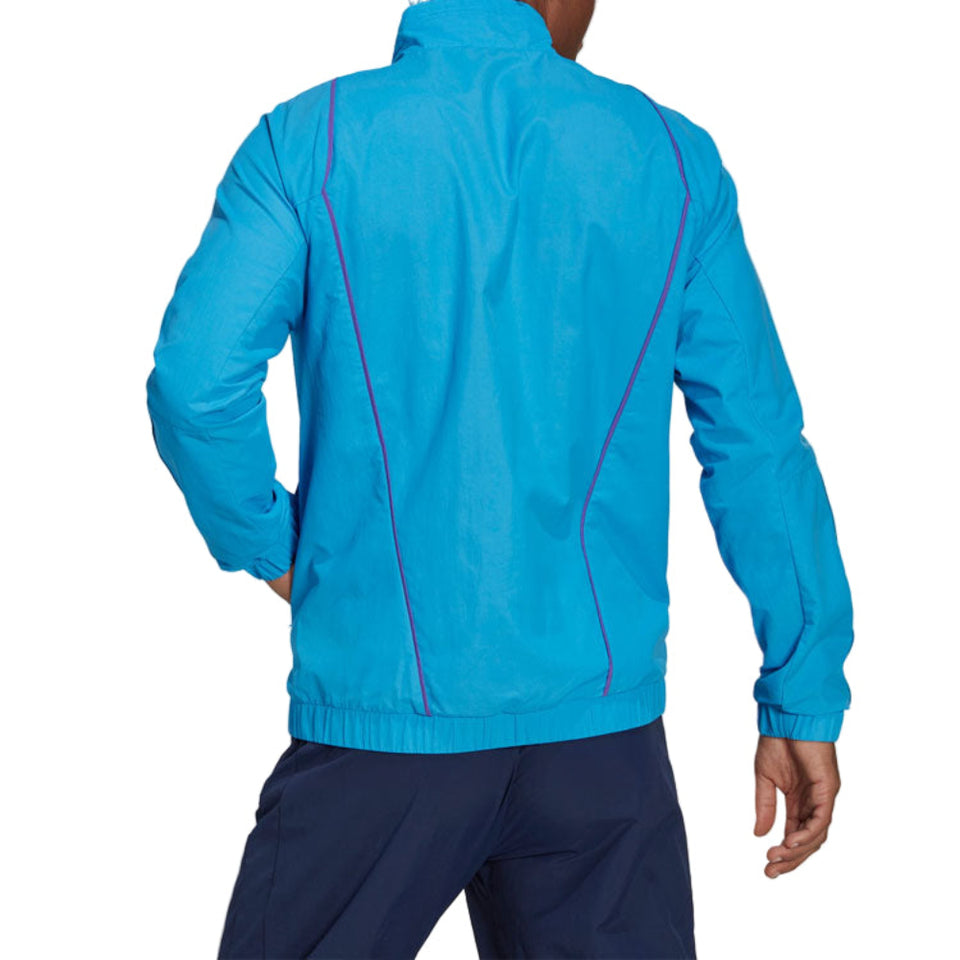 Argentina presentation tracksuit 2022 sky blue jacket back view with purple piping and navy pants