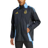 Argentina soccer rain jacket 2024 in black with blue accents and gold logos on SoccerTracksuits.com
