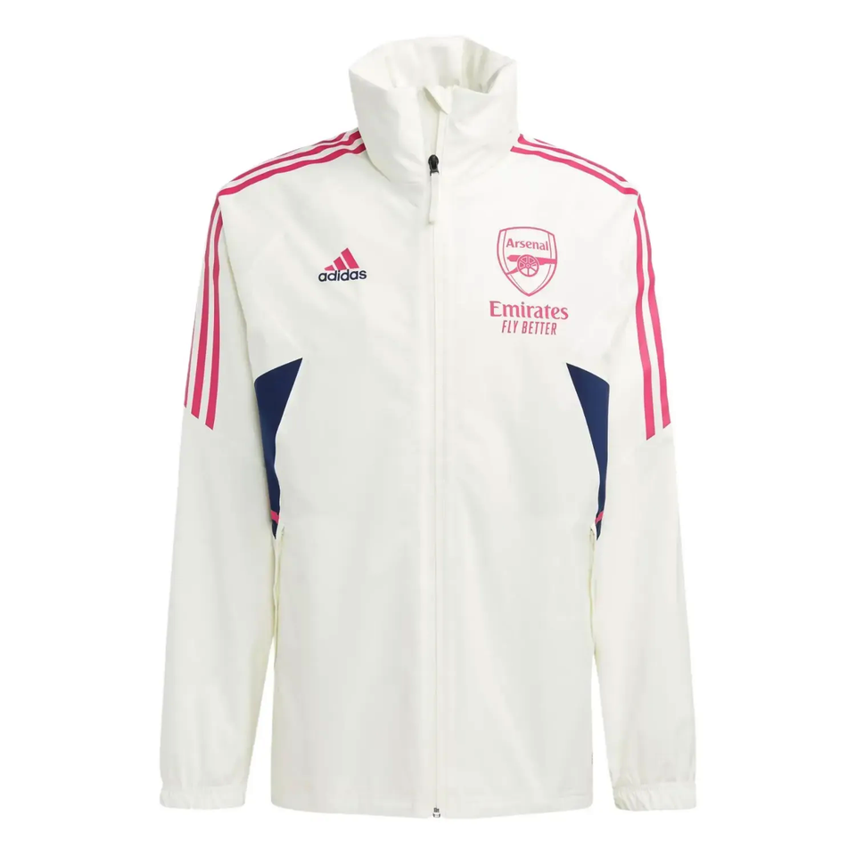 White Adidas Arsenal windbreaker 2023 with pink stripes and Arsenal logo on front from SoccerTracksuits.com