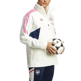 Adidas Arsenal windbreaker 2023 in white with pink stripes and logo, worn with matching Arsenal pants