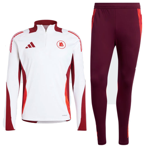 AS Roma 2024 training tracksuit by Adidas with white and maroon zip-up top and maroon pants
