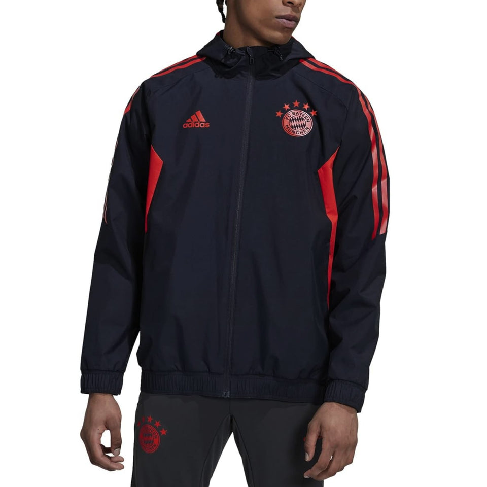 Adidas Bayern Munich 2022 black jacket with red accents and team logo for soccer fans