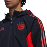 Adidas Bayern Munich 2022 black jacket with red accents and logo, designed for soccer fans