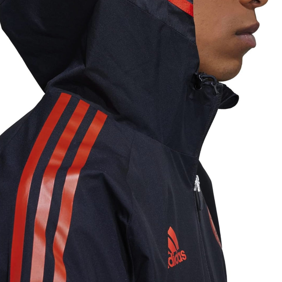 Adidas Bayern Munich 2022 black jacket with contrasting red stripes and a stylish hood for fans