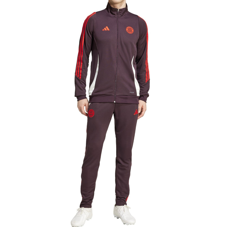 Adidas Bayern Munich 2024 soccer tracksuit in dark color with red stripes and club logo
