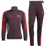 Adidas Bayern Munich 2024 soccer tracksuit with maroon jacket and pants featuring red stripes