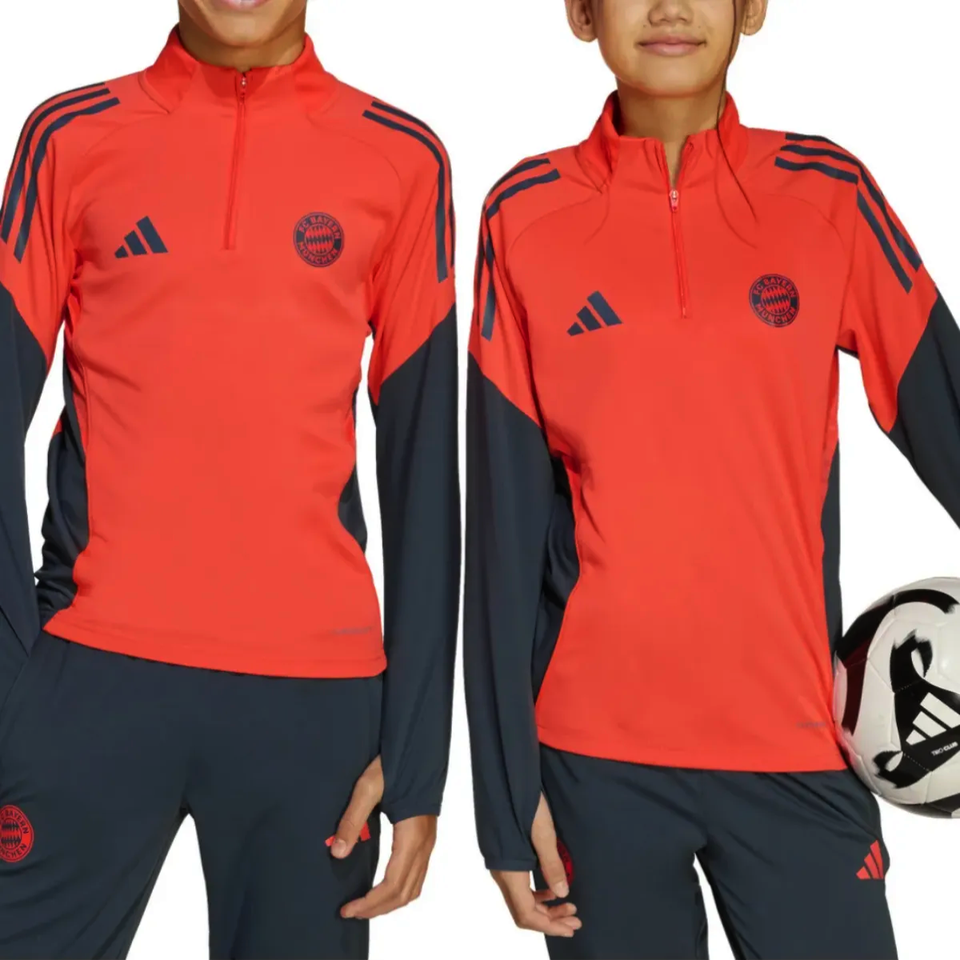 Adidas Bayern Munich training set for kids featuring a red pullover and pants for active young athletes