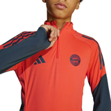 Adidas Bayern Munich training set for kids featuring a vibrant red long-sleeve top with logo and zip collar