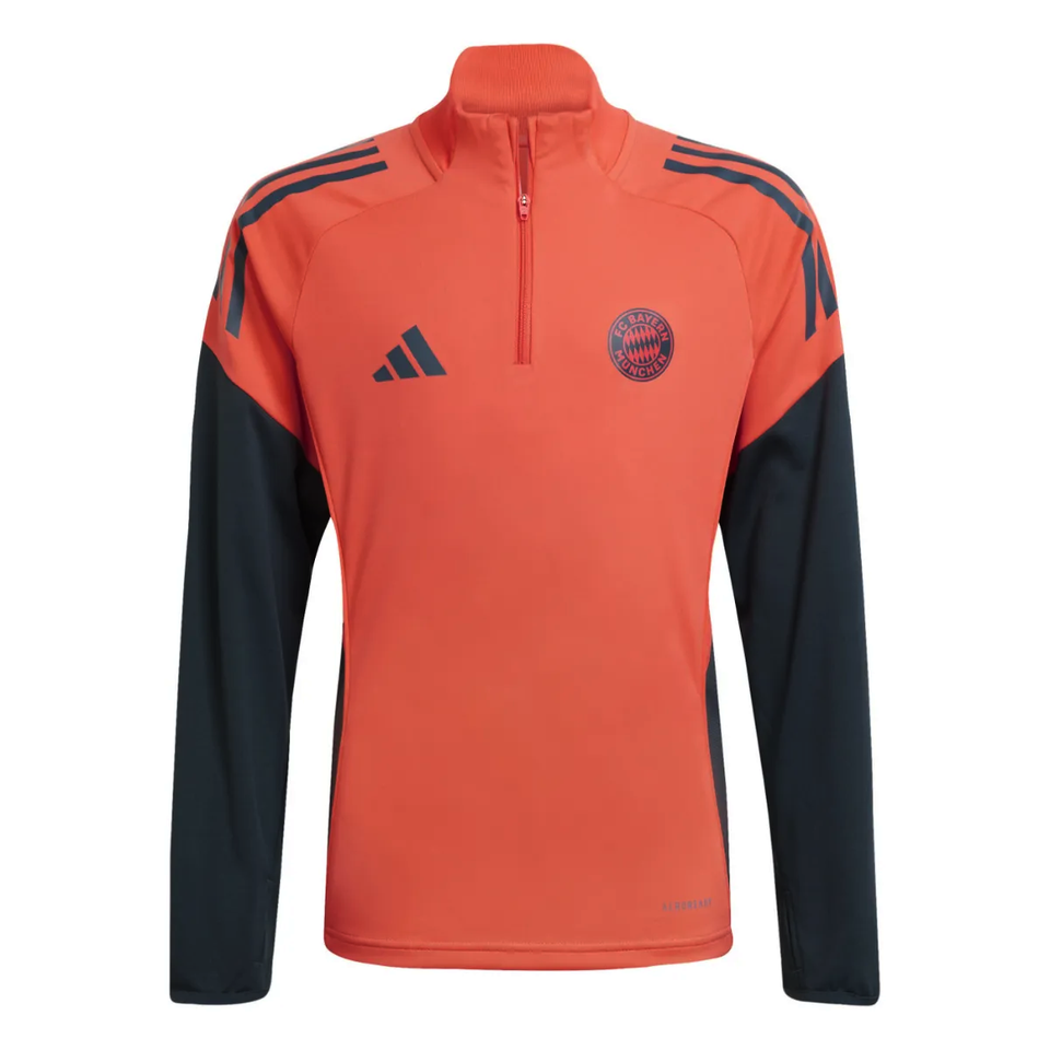 Adidas Bayern Munich training set for kids featuring an orange pullover with navy accents
