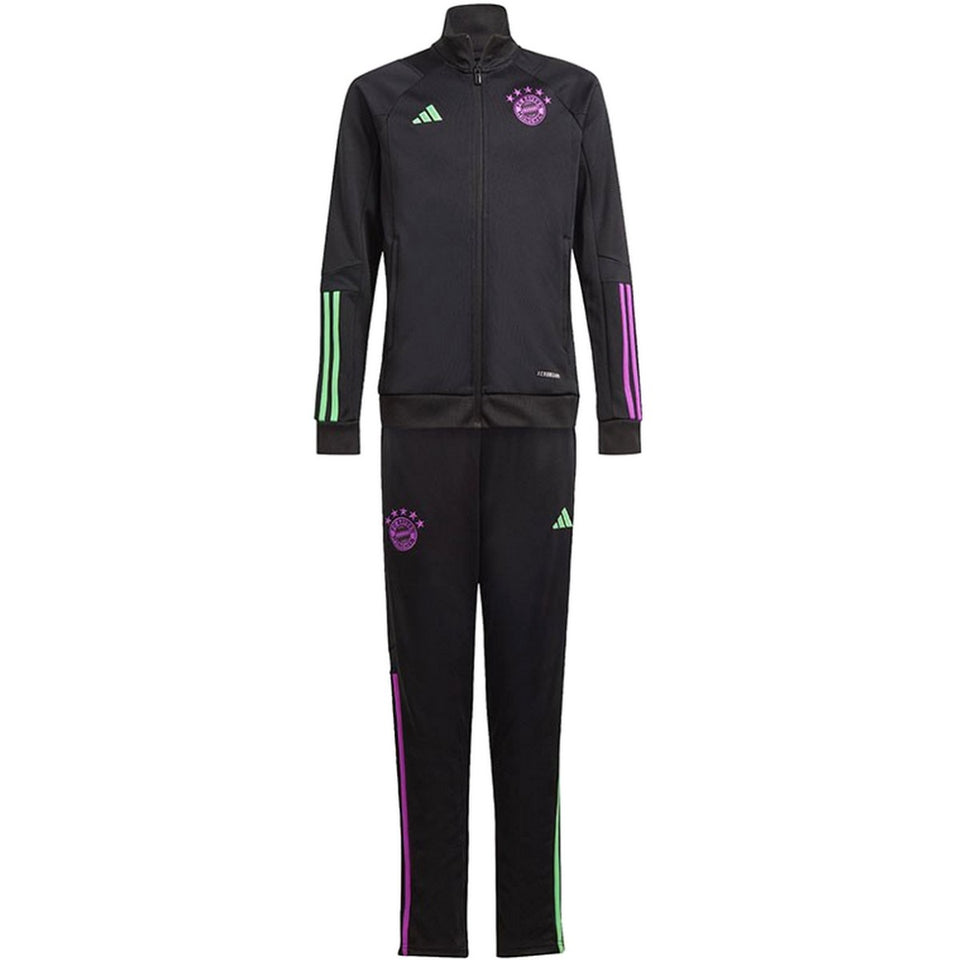 Black Adidas Bayern Munich training suit 2023 with green and purple stripes on SoccerTracksuits.com