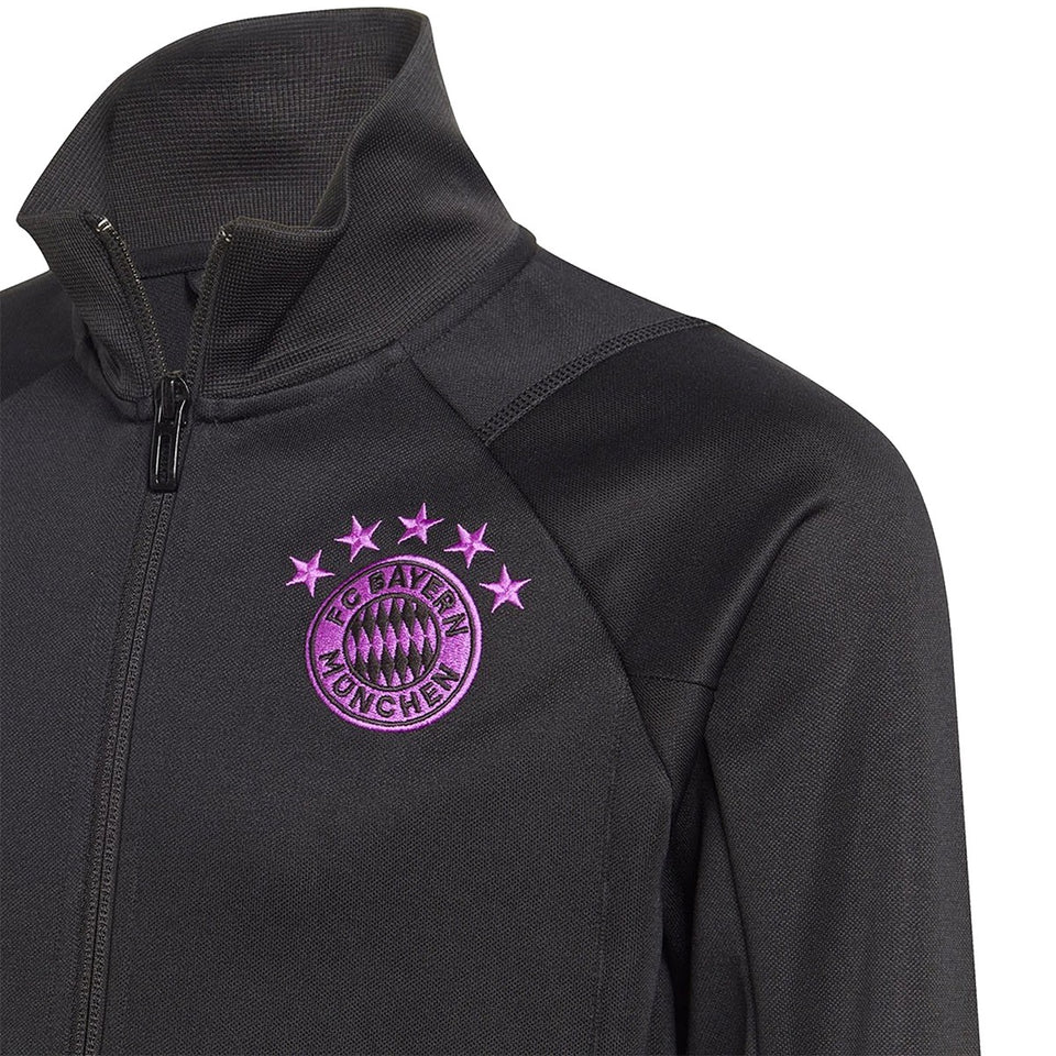 Black Adidas Bayern Munich training suit 2023 jacket with purple club logo and stars on chest