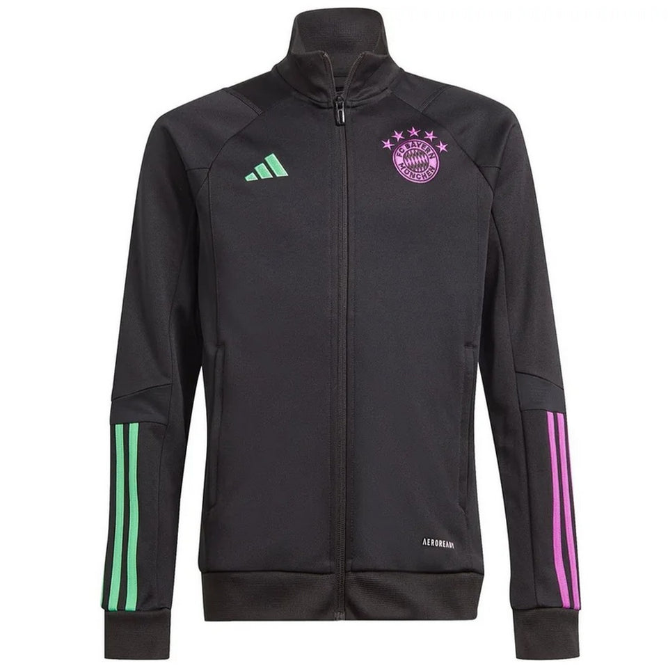 Adidas Bayern Munich training suit 2023 in black with pink and green accents and full zip jacket
