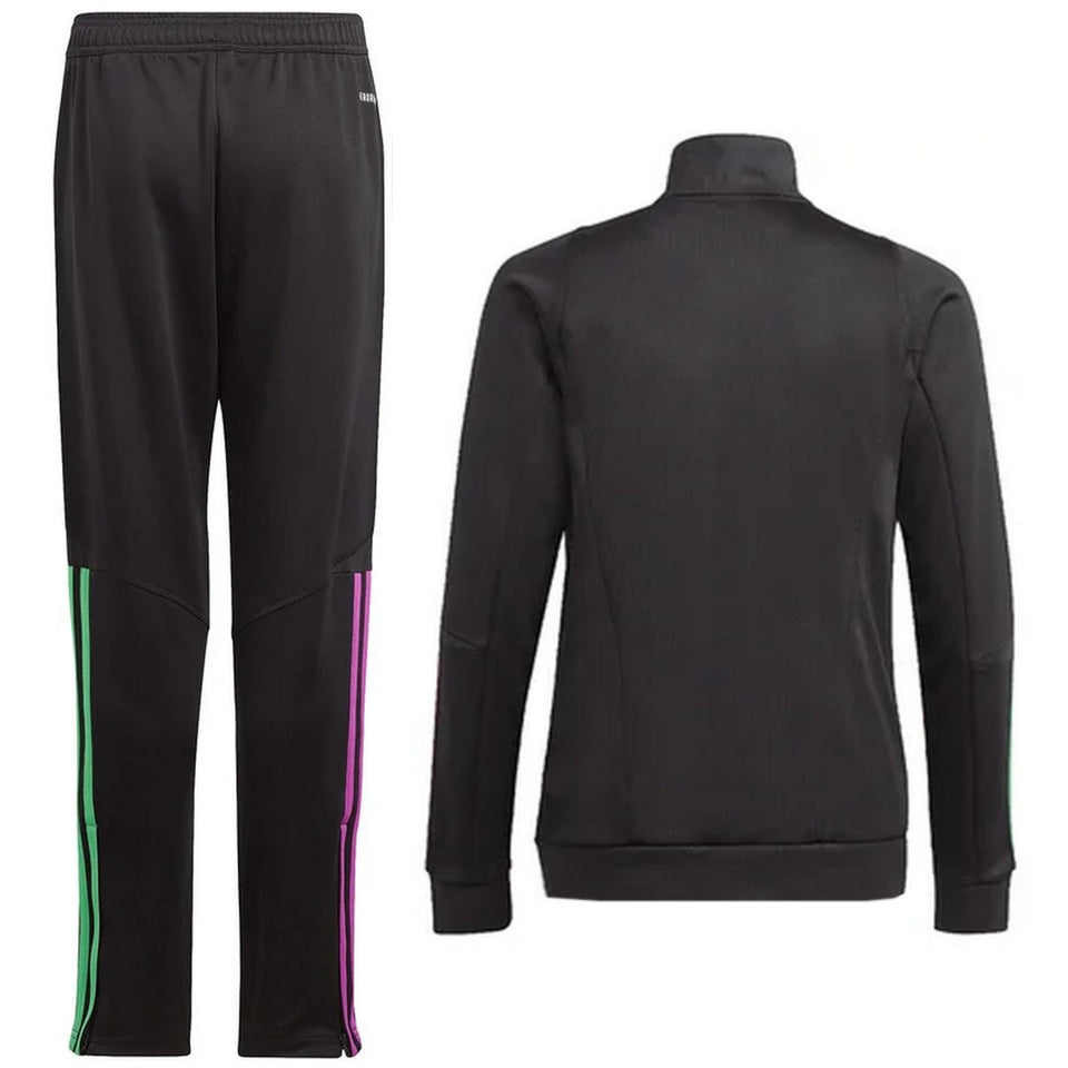Adidas Bayern Munich training suit 2023 black jacket and pants with green and pink stripe details