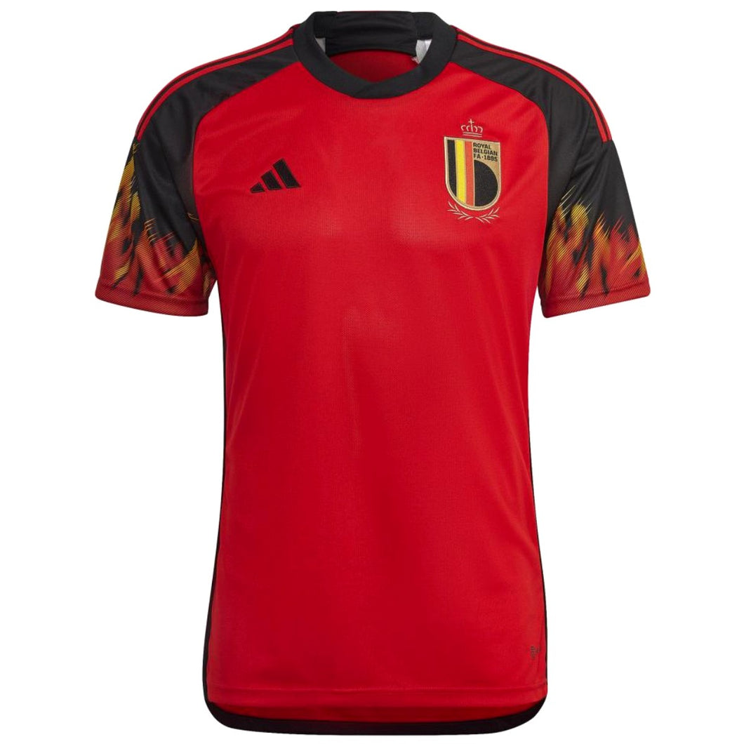 Adidas Belgium home jersey 2022 23 in vibrant red with unique flame design on sleeves