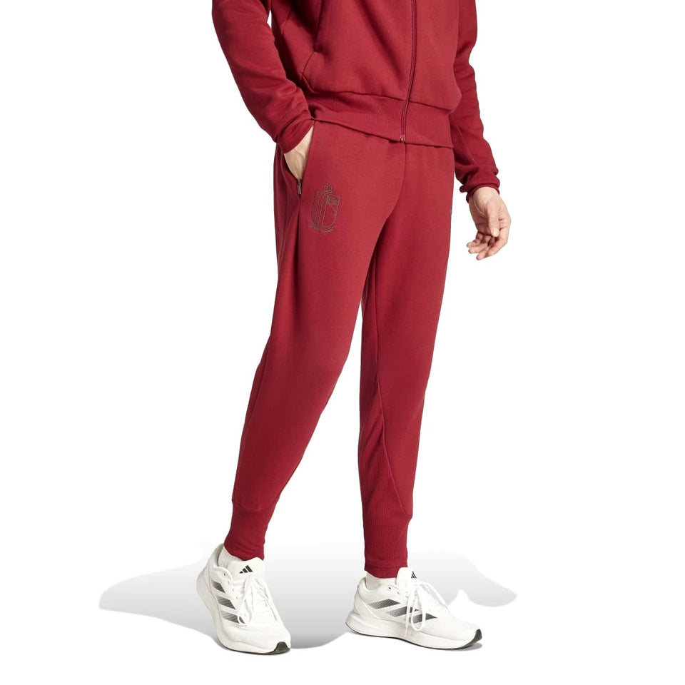 Adidas Belgium hooded tracksuit bottom in red worn with white Adidas sneakers on SoccerTracksuits.com