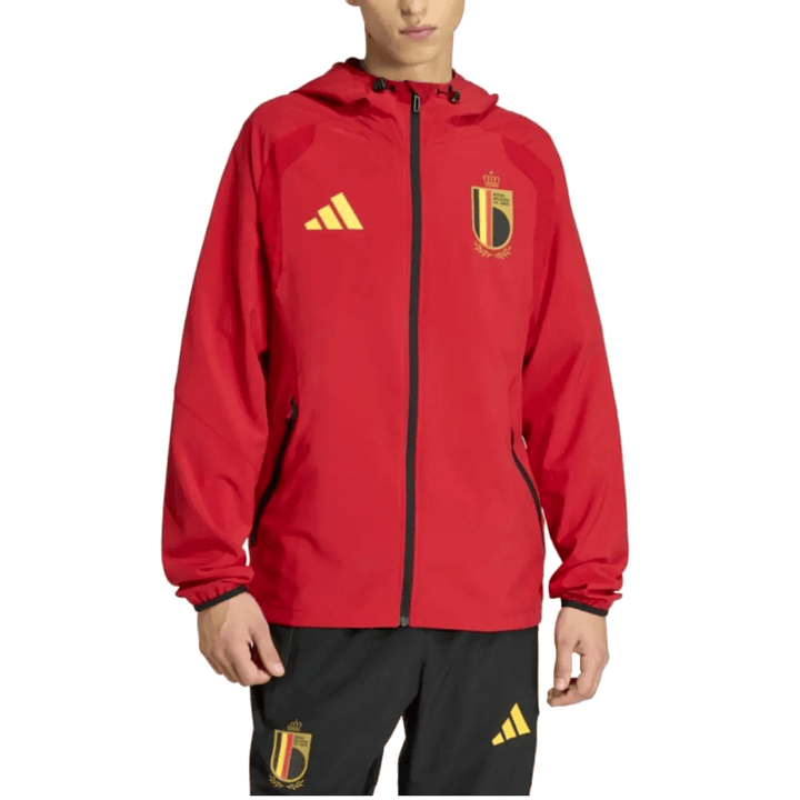 Belgium Soccer tracksuit set in red with hooded jacket and matching pants by Adidas, featuring official team logo