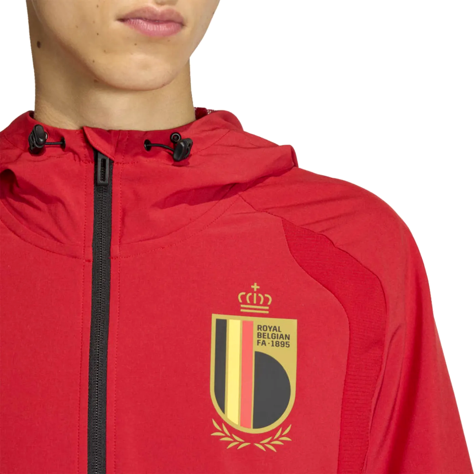 Adidas Belgium soccer tracksuit WC 2026 featuring a vibrant red design and logo.