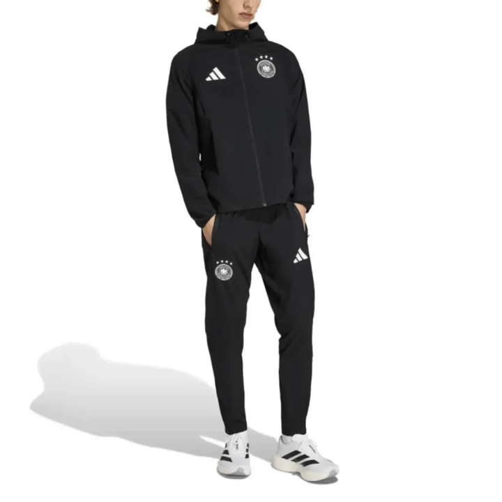 Germany casual travel hooded presentation soccer tracksuit in black by Adidas with official team logo