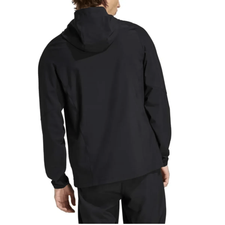 Back view of Adidas Germany Casual Travel soccer tracksuit in black, featuring a hooded jacket and matching pants.
