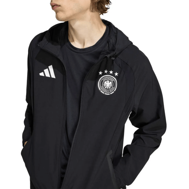 Germany Casual Travel hooded presentation soccer tracksuit in black by Adidas with official team logo
