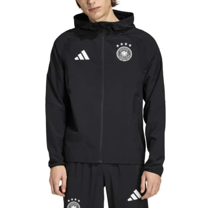 Germany casual travel hooded presentation soccer tracksuit 2026/27 in black by Adidas with official team logo
