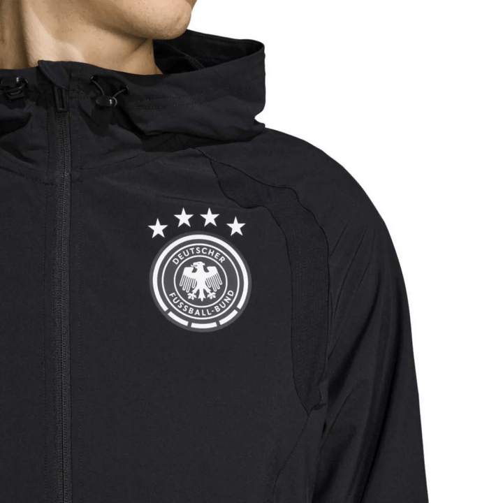 Germany Casual Travel hooded presentation tracksuit 2026/27 by Adidas in black with official soccer logo