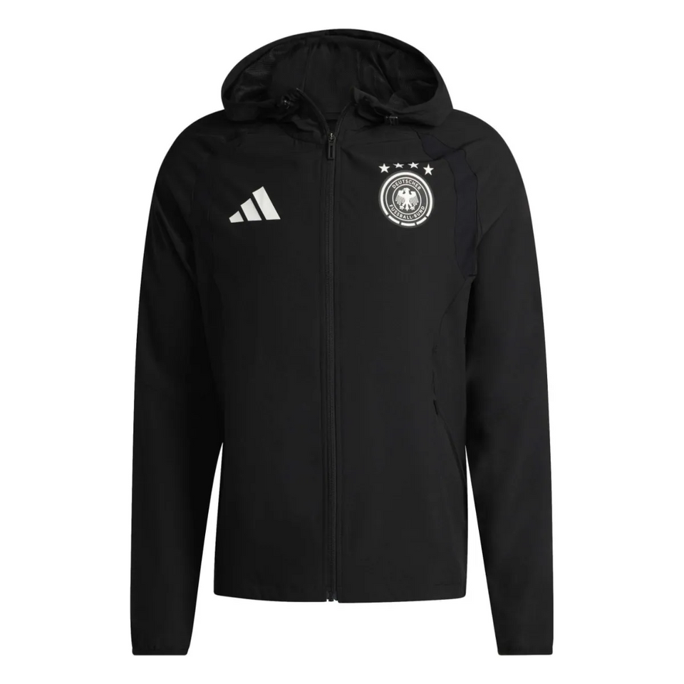 Adidas black Germany presentation suit 2026 featuring a zippered hoodie and official team logo