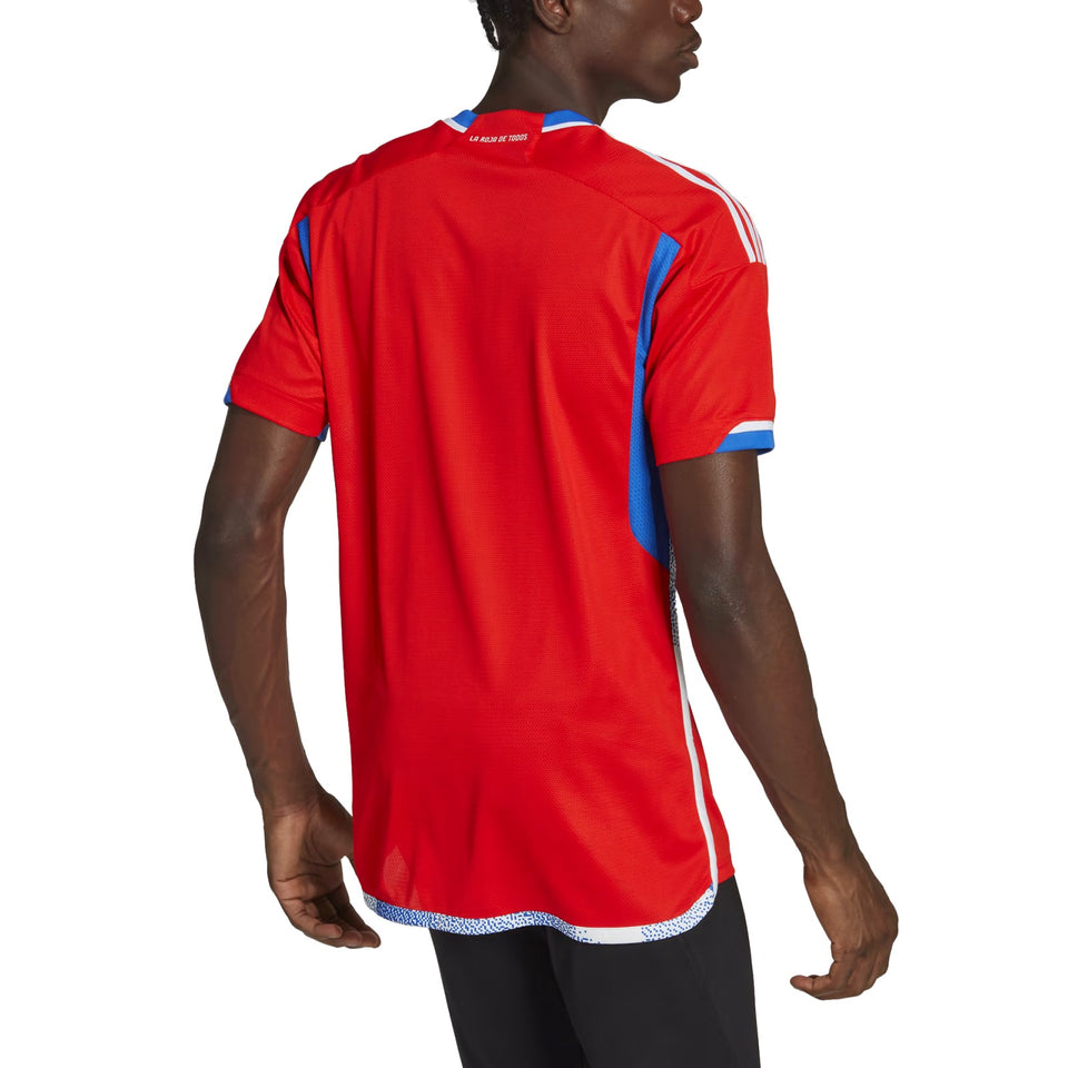 Back view of man wearing red and blue Chile soccer jersey buy Chile soccer jersey online from SoccerTracksuits.com
