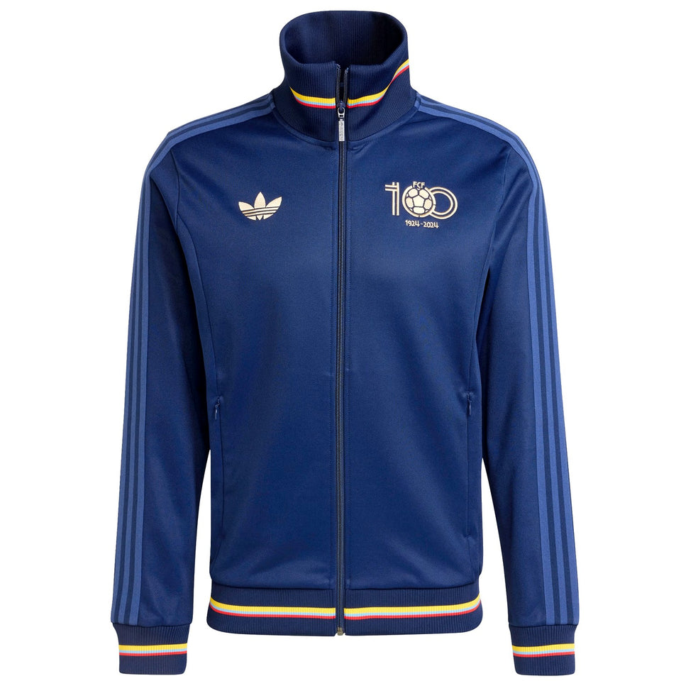 Adidas Colombia 100th anniversary tracksuit jacket in blue with commemorative logo and striped details