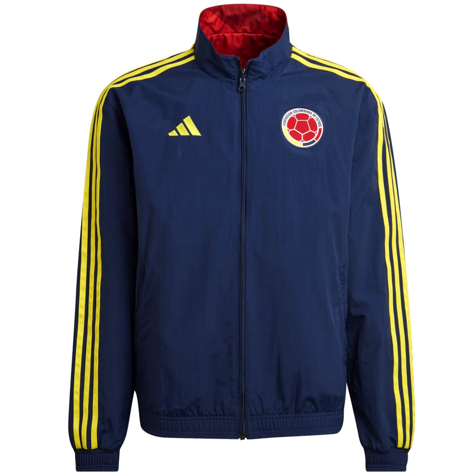 Adidas Colombia soccer jacket in navy with yellow stripes and emblem for soccer fans