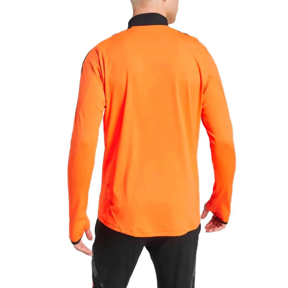 Back view of Adidas Colombia training suit in bright orange with black collar and black pants