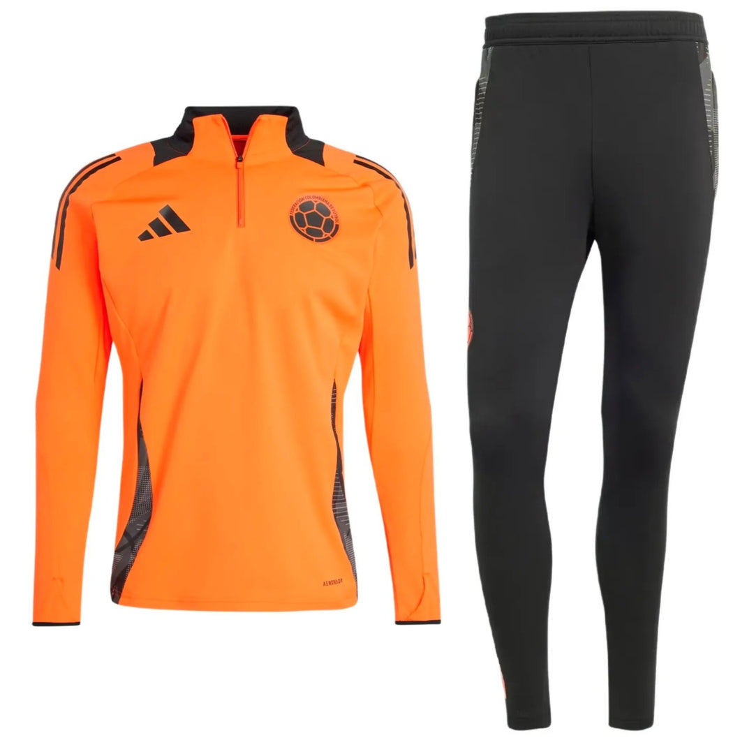 Adidas Colombia training suit with orange zip-up top and black slim fit pants on SoccerTracksuits.com