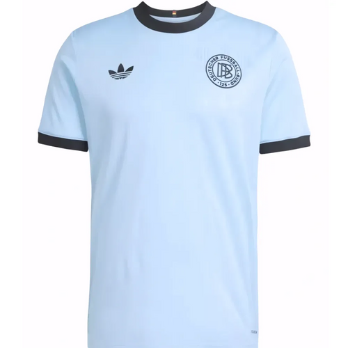 Light blue short sleeve Germany 175th anniversary goalkeeper jersey with black collar cuff and trefoil logo