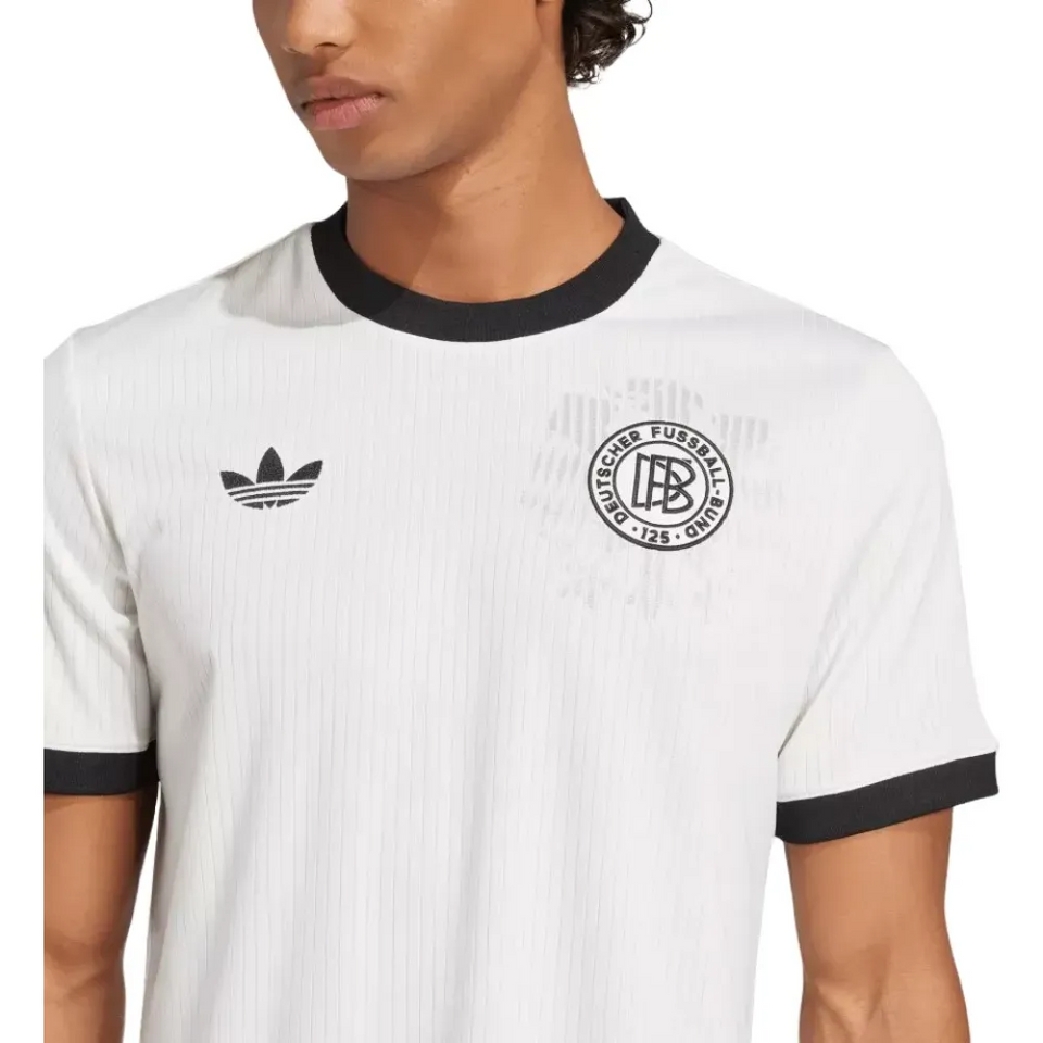 White Adidas trefoil tee with black trim and retro crest Germany 175th Anniversary soccer jersey 2025
