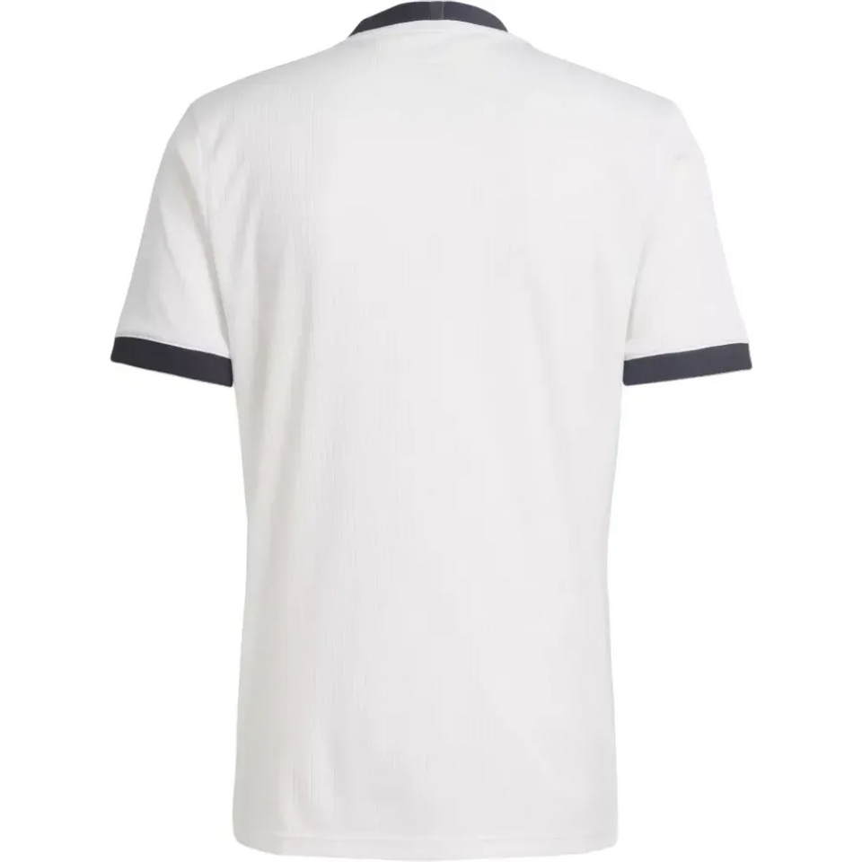 Back view of white jersey with navy collar and sleeve trim Germany 175th Anniversary soccer jersey 2025