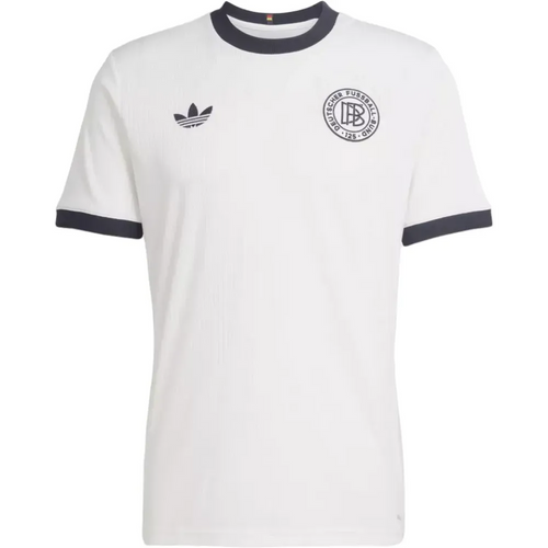 Germany 175th Anniversary soccer jersey 2025 white Adidas trefoil tee with navy ringer collar and crest