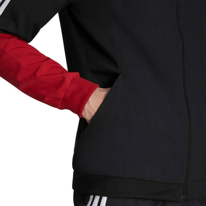 Germany black training presentation soccer tracksuit 2026/27 by Adidas with red sleeve detail and pockets
