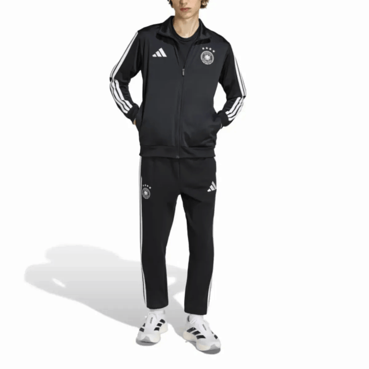 Germany casual 3S black soccer tracksuit set by Adidas with white stripes and logo for adults in various sizes