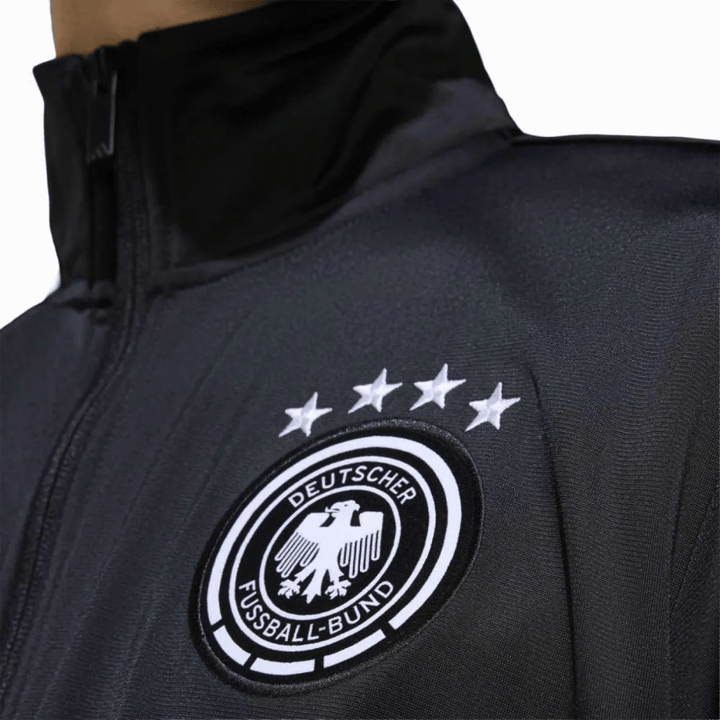 Germany Casual 3S black soccer tracksuit by Adidas with official logo and stars detail on the jacket