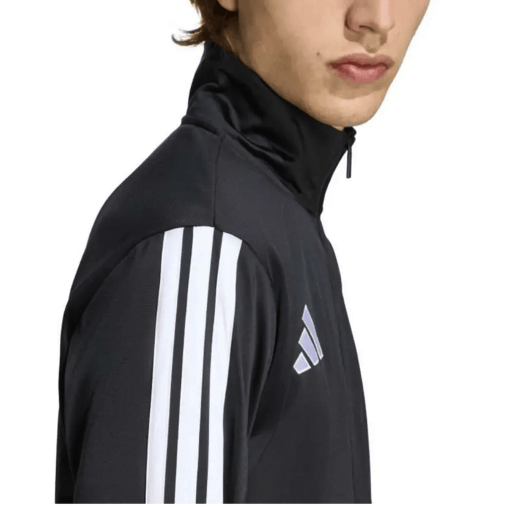 Germany Casual 3S 2026/27 black soccer tracksuit set by Adidas with white stripes and high collar design