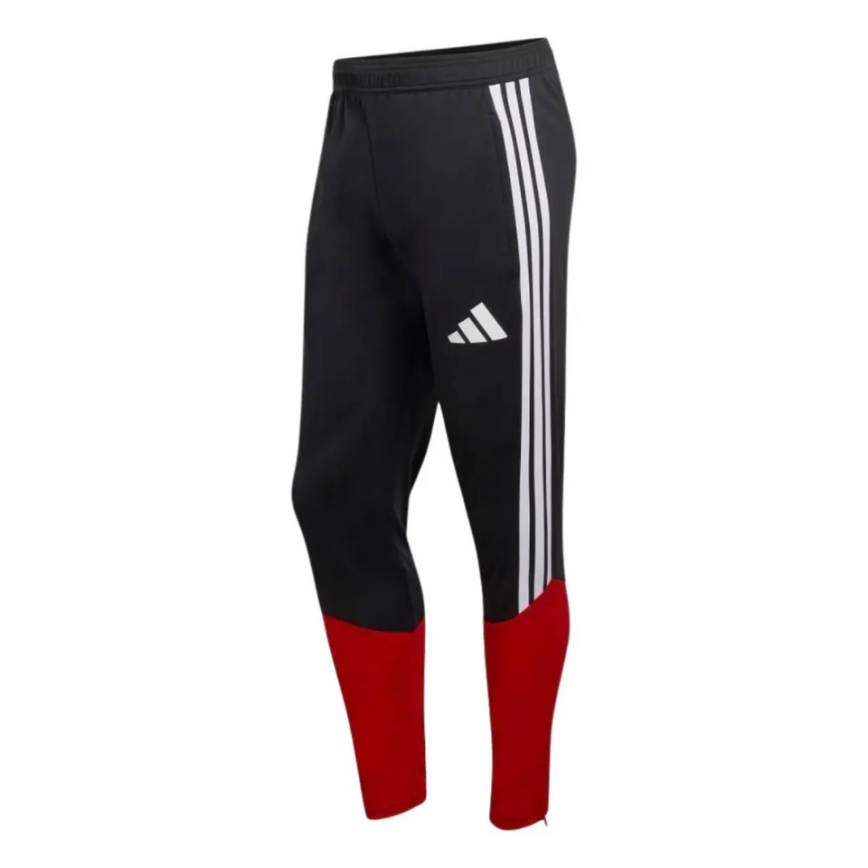 Adidas Germany red training tracksuit 2026 featuring black pants with red accents and iconic stripes
