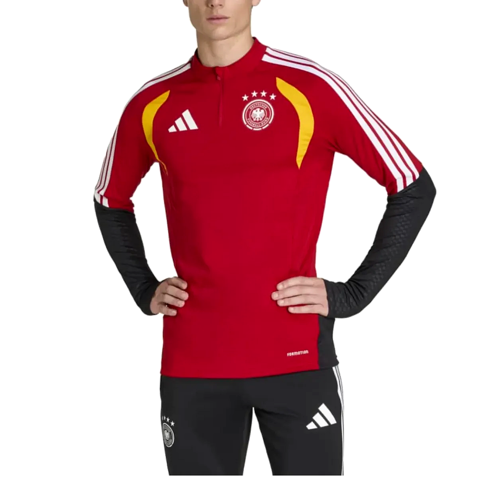 Adidas Germany red training tracksuit 2026 featuring team logos and comfortable fit for athletes